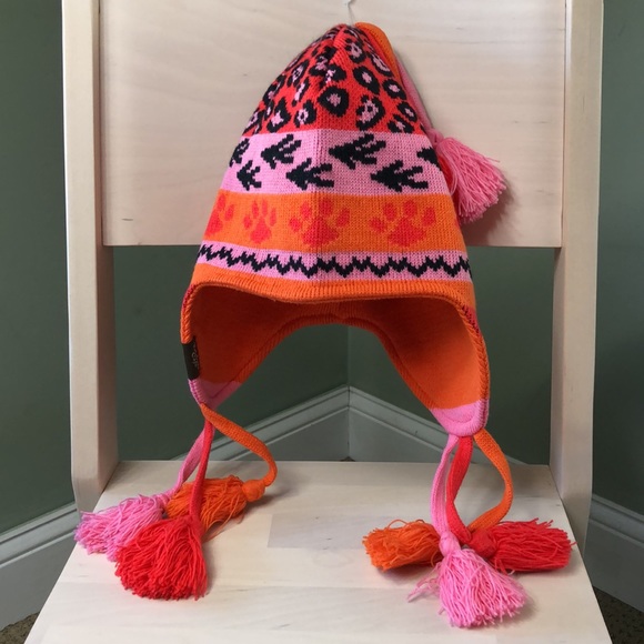 Rainforest Cafe Earflap Hat Knit Animal Paw Print Pink Orange Tassels One Size - Picture 2 of 9